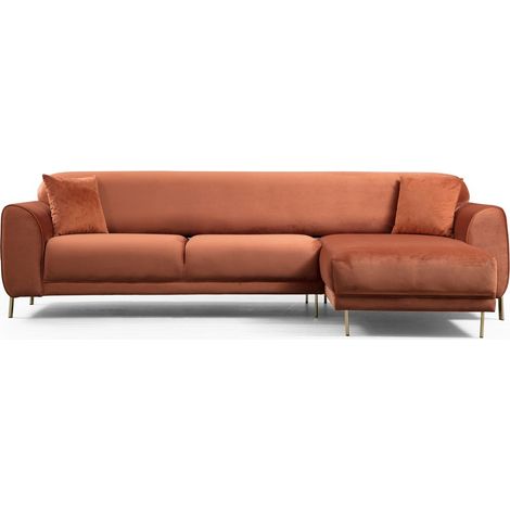 Canapé d'angle droit design velours orange et pieds acier doré Liza (1/5)