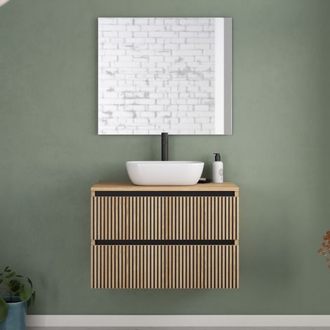 Meuble de salle de bain 80cm avec plateau et vasque à poser arrondie - 2 tiroirs - roble era (chêne clair) - VENERIA