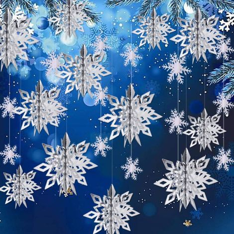 Décorations de Noël hivernales à suspendre : guirlande de 12 grands flocons de neige argentés 3D et 12 flocons de neige en papier blanc. Idéale pour décorer votre intérieur lors des fêtes de fin d'ann