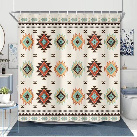 Rideau de douche style sud-ouest américain, motif géométrique bohème aztèque, beige, 91 x 183 cm, avec crochets (1/5)
