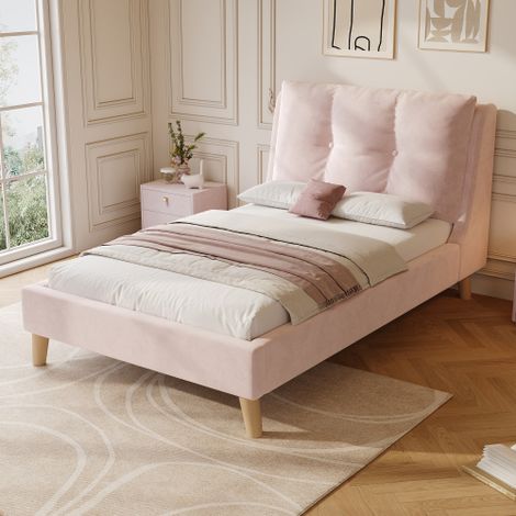 Polsterbett, Einzelbett, Kinderbett , Bett mit Lattenrost und Kopfteil, Bettbeine aus Massivholz, gepolstertes Kopfteil, samt