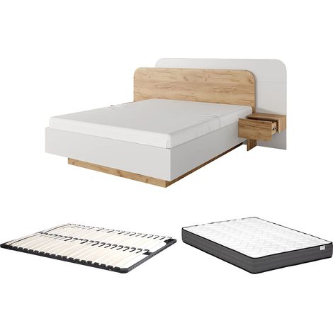Vente-Unique – Lit avec chevets 160 x 200 cm – 2 tiroirs de rangement – Avec LEDs blanches – Panneau mélaminé éco-responsable – Matelas ressorts ensachés (1/5)