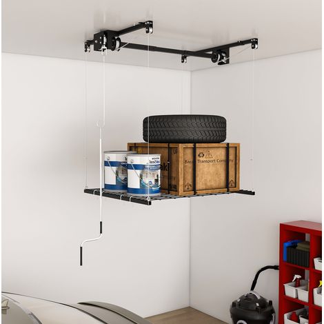 Étagère de plafond garage 120 x 120 cm en acier, système à manivelle OKMYHOME