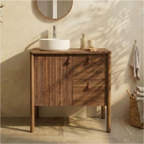 Ensemble meuble simple vasque 80 cm sur pieds en chêne avec vasque en céramique blanche et robinet