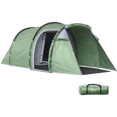 Tente de camping 2-4 places avec toile imperméable et portes zippées, 426x206x15 cm, vert foncé