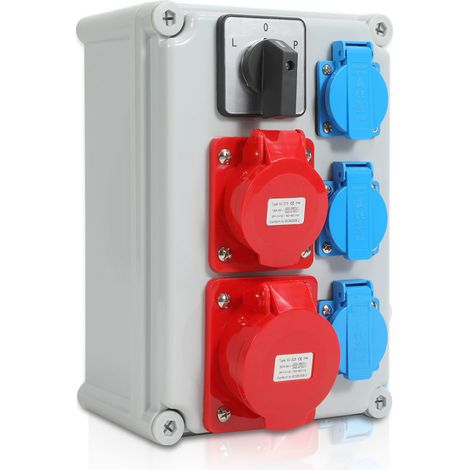 Wolketon Stromverteiler Wandverteiler mit L-0-P Nockenschalter und MCB,5 Polig Baustromverteiler mit 3xSchuko-Steckdose und CEE-Steckdose 16/32A Stromverteiler für Innen und Außen
