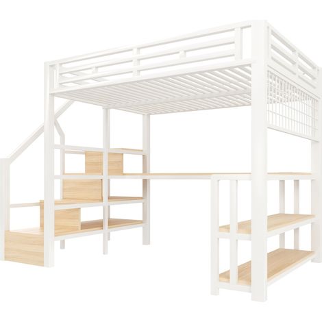 Letto a soppalco 140 x 200 cm in metallo bianco con scrivania, vani portaoggetti e LED (1/5)