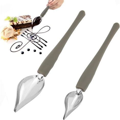 Zwei Saucenlöffel aus Edelstahl dienen zum Garnieren von Tellern, Kuchen und Speisen. (1/5)