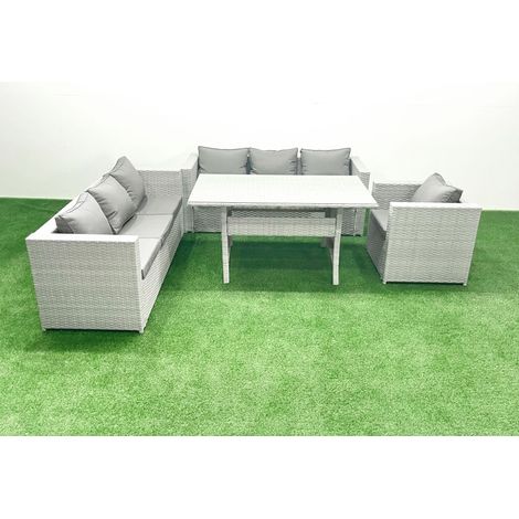 Fimous 4 Pieces Outdoor Rattan Sofa Set with Cushions Patio Garden Furniture Sets with Armchair Dining Table Light Grey Mixed (1/5)