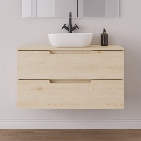 Meuble de salle de bain 100cm avec plateau et vasque à poser arrondie - 2 tiroirs - sans miroir - roble calima (bois clair) - SONRIZA (1/5)