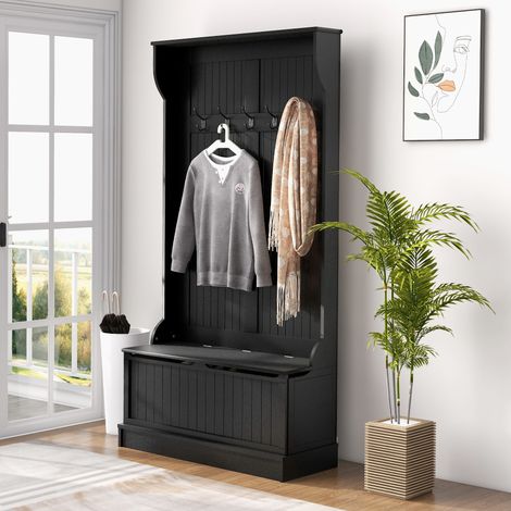 Porte-manteau avec banc de rangement pour chaussures et 5 crochets, style moderne, 96 x 34 x 179,7 cm, noir (1/5)