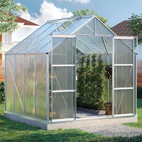 Serre de jardin en polycarbonate Uranus - Larg 2.57m avec base, Long 3.21 m, Couleur Aluminium , Polycarbonate 4 mm