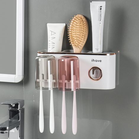 Porte Brosse à Dents Electrique Mural sans Perçage – Support Brosse a Dent Electrique avec Distributeur de Dentifrice, 2 Gobelets Inversés, Rangement Organiseur Salle de Bain, Blanc et Or (1/5)