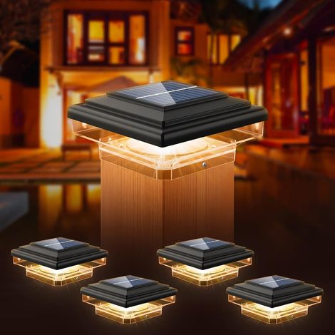 Lot de 4 Lampes Solaires Capuchons de Protection,8LEDs,IP65 étanche Solaire Lumières Lampe Solaire de Jardin Extérieures pour poteaux de clôture 70 mm/80 mm/90 mm/100 mm(76 x 76 mm) Noir (1/5)