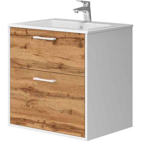 Set di mobili da bagno Lanco, Rovere bianco/dorato, 61 x 61.5 cm con lavabo, Vicco