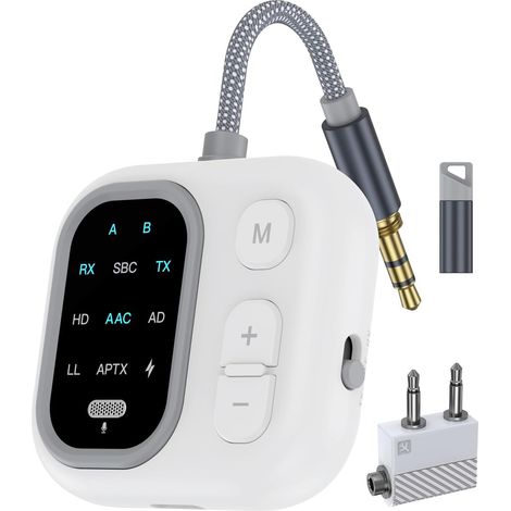 Trasmettitore/ricevitore Bluetooth 5.3 per aerei, trasmettitore audio wireless con jack da 3,5 mm, compatibile con 2 cuffie, aptX adattivo, ideale per TV, aerei e viaggi