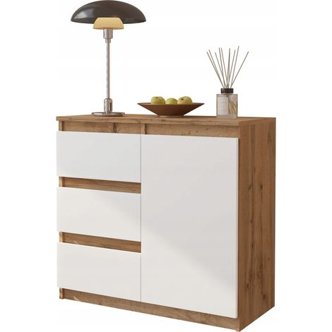 Cassettiera 80 cm, rovere Wotan / bianco opaco, 3 cassetti, 1 anta, 1 ripiano (1/5)