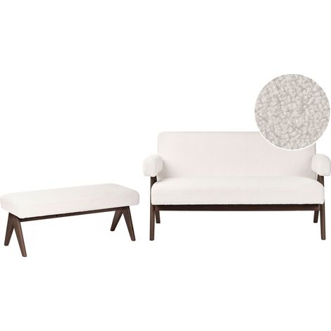 Ensemble de Salon Rétro Canapé 2 Places et Banquette Pieds en Bois Marron Foncé Revêtement Rembourré Bouclé Blanc Cassé Tamre (1/5)