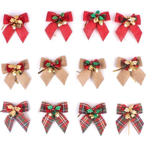 Schleifenband – 12 Stück – 8 x 8 cm – mit goldenen Glöckchen – für Weihnachtsbaumschmuck, Girlanden, Kränze, Geschenke – Polyester und Flanell (1/5)