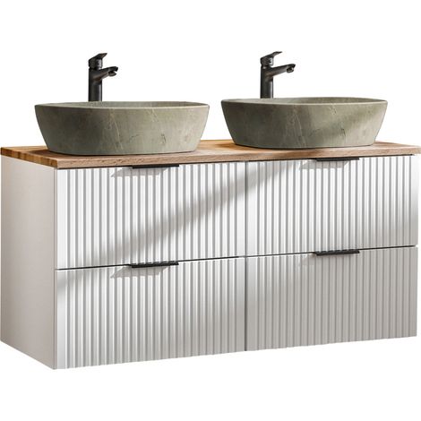 Badmöbel Waschtisch Unterschrank Set 120 cm matt weiß mit Wotaneiche, 2 Softclose Schubkästen, 2 Keramik-Waschbecken Betonoptik (1/5)