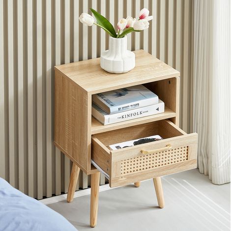 Beistelltisch 40x30x55 cm Natur MDF mit Rattangeflecht, Schublade und Massivholzbeinen (1/5)