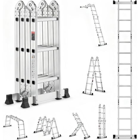 Échelle Pliante Polyvalente 7 en 1 Escabeau Télescopique Réglable avec Barre Équilibre, Hauteur de Portée 3,5 m, Charge 150 kg, Échelle Multifonction Cadre A 3 Marches, pour Extérieur Intérieur (1/5)