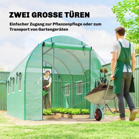Serre de jardin 3x2x2 m, tunnel en bâche PVC avec portes zippées coulissantes et 6 fenêtres filet, arceaux renforcés, vert (1/5)