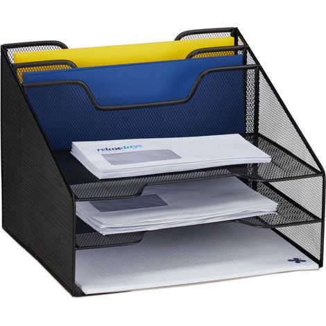 Organiseur de bureau Relaxdays avec 5 compartiments, maille métallique, noir, 24 x 32 x 29 cm (1/4)