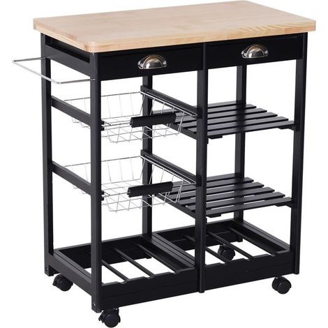 CARRELLO DA CUCINA CON CASSETTI E PORTABOTTIGLIA VINO LEGNO E NERO (1/5)