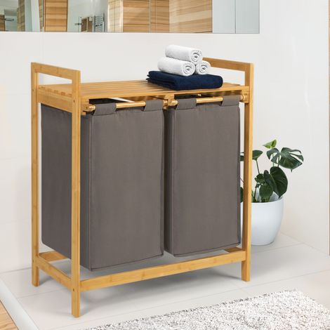 Cesta de la ropa de bambú con 2 compartimentos de tela gris oscuro BEA (1/5)