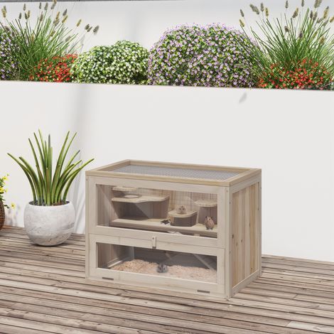 Jaula de madera para hámster PawHut, 2 niveles, 60 x 35 x 42 cm, jaula para roedores, jaula para animales pequeños con techo de alambre abatible, bebedero, rampa, balancín, comedero, jaula para ratone