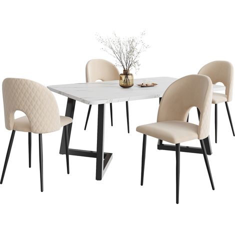 ELVMI Ensemble table y sillas con 1 mesa y 4 sillas, respaldo acolchado, patas regulables, Terciopelo, Beige (1/5)
