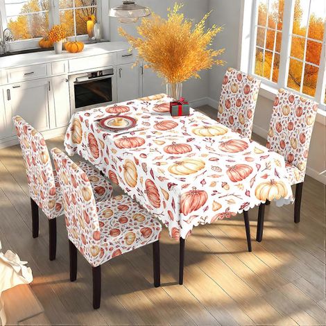 Ensemble nappe de table et housses de chaises de fête en tissu avec motif citrouille et feuilles d'automne (TC-303) (nappe imperméable 140 x 210 cm + 4 housses de chaises)
