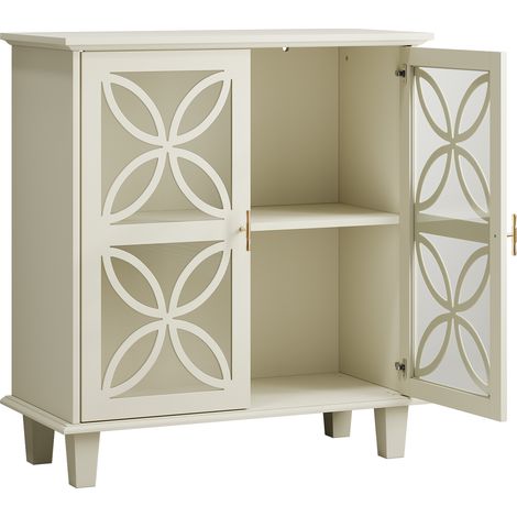 Buffet avec étagères réglables, meuble de salle de bain sur pied avec portes en verre trempé, console rétro moderne de cuisine, meuble de rangement décoratif à deux portes, crème (1/5)