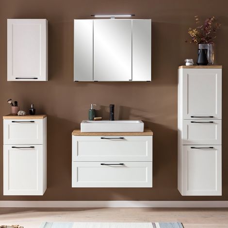 Bad Komplett Set im Landhaus Stil, weiß MARLING-03 mit Keramikbecken & LED-Spiegelschrank, B/H/T ca. 200/200/47 cm (1/5)