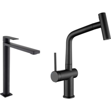 B-Way set mitigeur lavabo XL + mitigeur cuisine Ceramia Timeless acier inoxydable, douchette extractible, noir mat (SATBW185BM) (1/5)