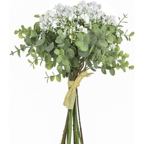 Künstlicher Blumenstrauß – Schleierkraut und Silbereukalyptus – Dekoration für drinnen und draußen, Büro, Zuhause, Hochzeit – Weiß – 1 Stück (1/5)