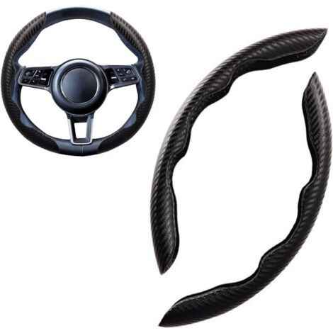 QORVA-Housse de volant pour voiture de sport, ronde et en forme de D, universelle, en daim/fibre de carbone, élégante, segmentée, respirante et antidérapante, 38 cm (15 pouces), noire. (1/3)