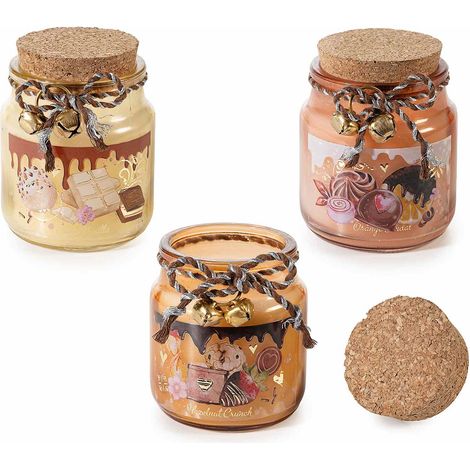 Candele profumate in barattolo di vetro con tappo in sughero e stampa dolcetti e cioccolato, set da 6 pezzi, Ø 6 cm x 7,5 H