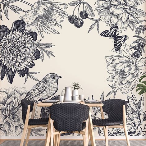 Papier peint panoramique - Fleurs Oiseaux - 130 cm x 130 cm (1/4)