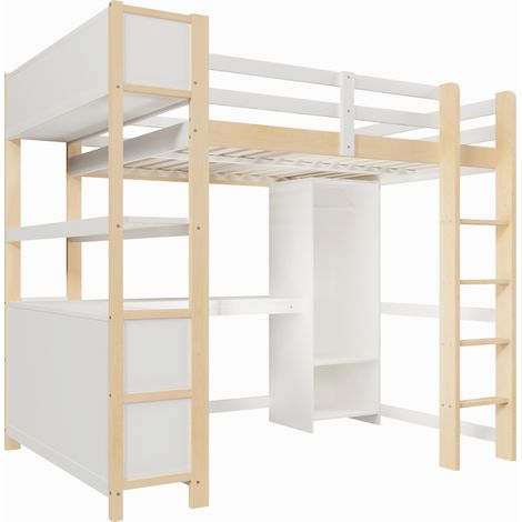 Cama alta infantil 140x200 cm con escritorio, estantes y armario, pino natural (1/5)