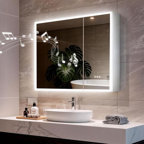 Armoire Bluetooth de Salle de Bain avec Miroir: Luminosité Réglable, 3 Lumière Couleurs, Fonction Mémoire, Éclairage LED, Étagères Réglables, Installation Cachée, Meuble Pharmacie Mural 80x70cm (1/5)