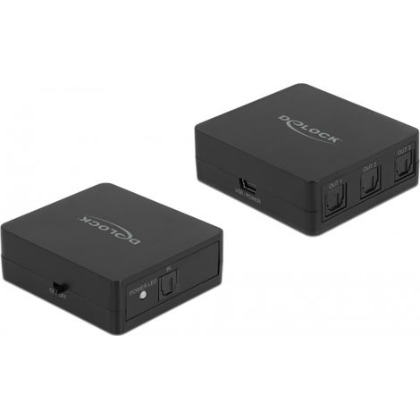 Delock Conmutador S/PDIF TOSLINK de 1 entrada y 3 salidas con alimentación USB