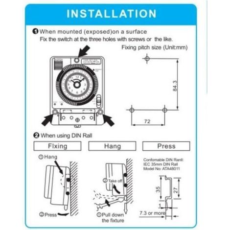 Interrupteur Minuterie Mécanique - Horloge Analogique 24 Heures - Montage Rail DIN - 100-240 VAC - 16 A - 3500 W - Intervalle 15 Min (1/4)