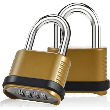 Ede Lot de 2 cadenas à combinaison  Cadenas robustes à combinaison à 4 chiffres – Cadenas étanches pour clôtures extérieures, casiers, abris de jardin, gymnases et portails – Doré (1/4)