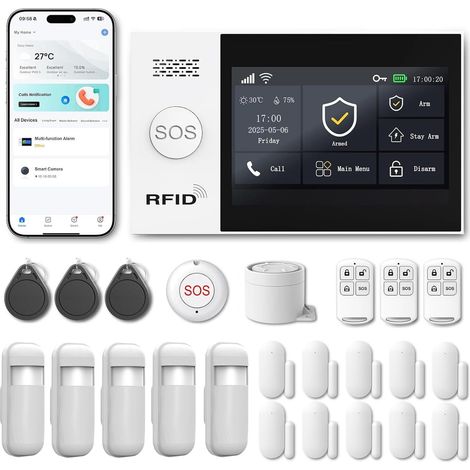 Alarme Maison sans Fil WiFi 4G sans Abonnement, Kit Alarme Maison Connectée Pièces avec Écran Tactile , Sirène DB, Détecteurs Mouvement et Porte/Fenêtre (Lot de Articles) (1/5)