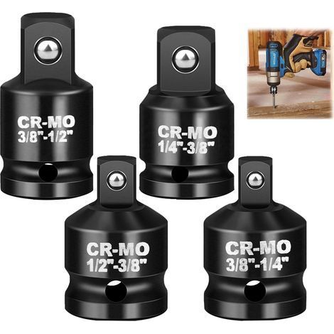 Lot de 4 adaptateurs réducteurs de douille à choc de 1,27 cm à 3/8", 1/4" à 3/8", convertisseur en acier Cr-Mo pour visseuse à percussion, clé dynamométrique, perceuse électrique à cliquet (1/5)