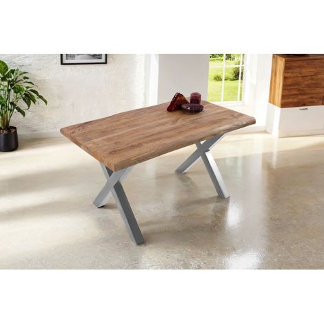 Esstisch Baumkante massiv Mango 140 x 80 X-Gestell silber CALI (1/5)