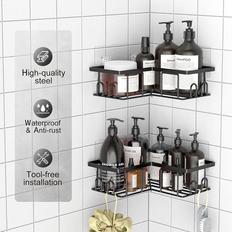 Étagère de Douche sans Percage, Etagere Salle Angle de Bain, Rangement Douche pour Nettoyant pour Corps de Shampoing (2 Pièces Etagère Salle Angle- Noir) (1/5)