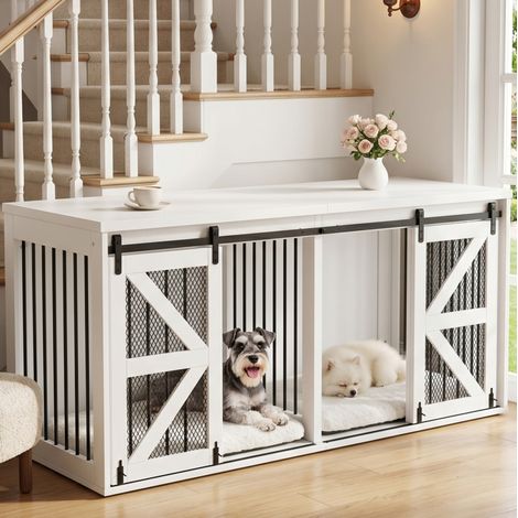 Meuble niche pour 2 chiens 160 x 60 x 75 cm avec cloison fixe et portes coulissantes, MDF et métal blanc (1/5)